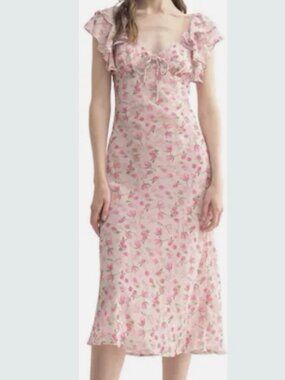 Lush Tie V-Neck Frill Sleeve Floral Print Midi Slip Dress Petal Pink- S